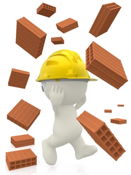 3D construction worker with bricks falling - isolated over a white background