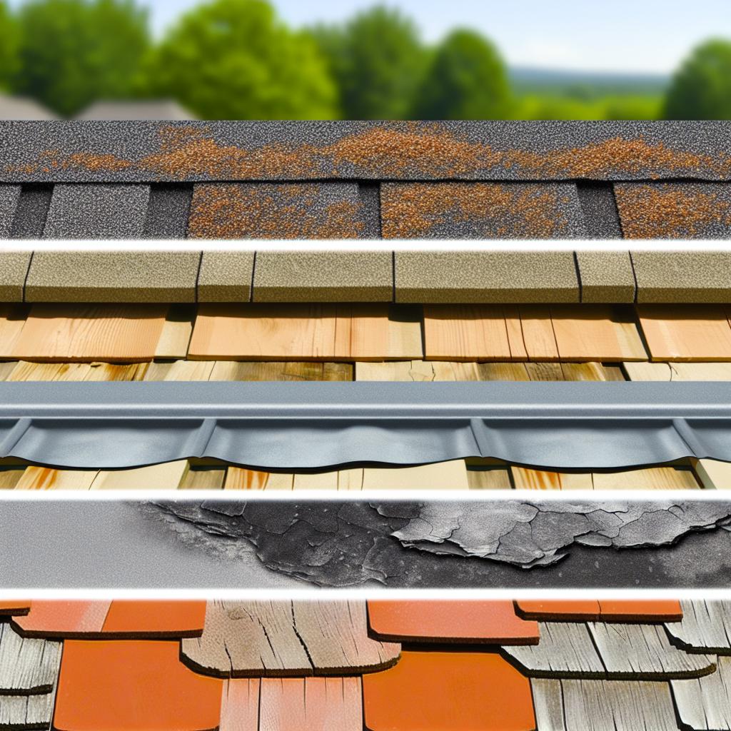 An image of different types of roofing materials such as asphalt shingles, metal roofs, tile roofs, and wooden shinglesshakes