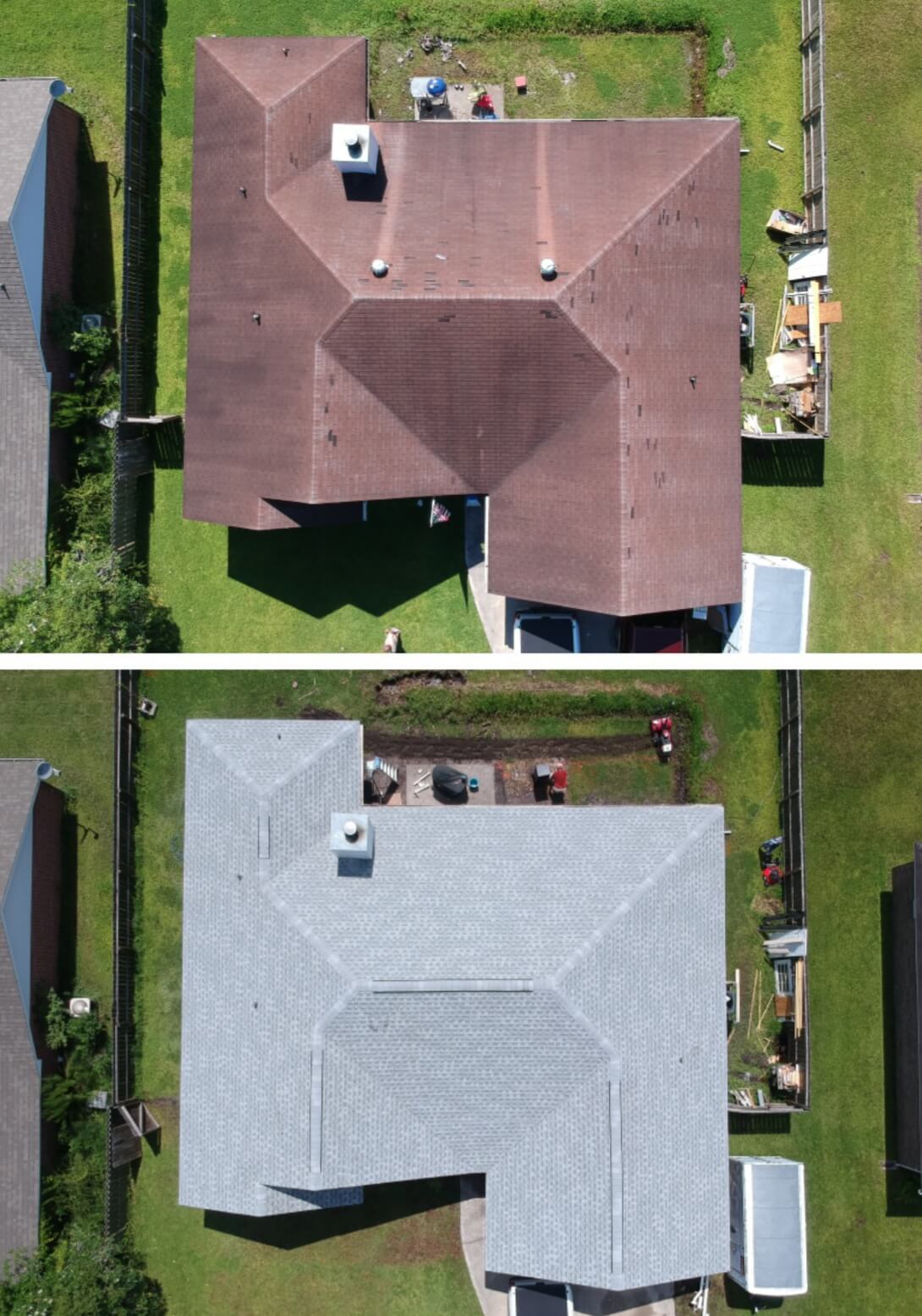 Asphalt roof replacement before and after in Augusta, Georgia