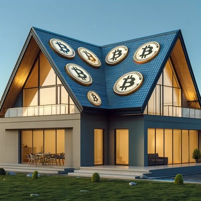 modern style home with bitcoin logos on the roof