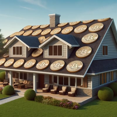 Ranch-style home with bitcoin logos on the roof