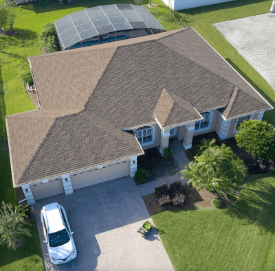 Drone shot of a GAF HDZ shingle on a hip roof