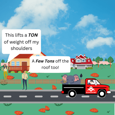 cartoon image of the elephant in the RoofCrafters truck being hauled away