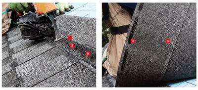 2 images of GAF shingles with the numbers 1 thru 5 show 5 qualities