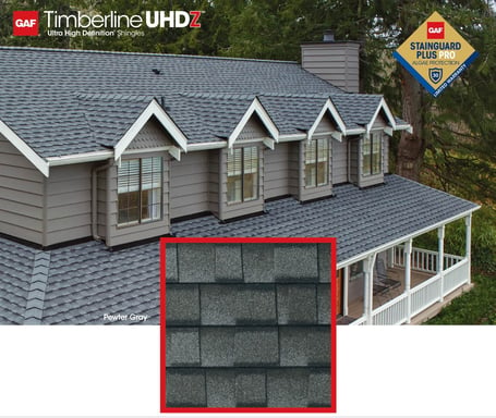 GAF timberline UHDZ in pewter gray on a split-level home