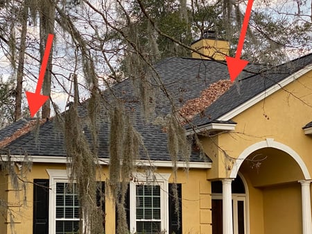 red arrows pointing at leaf debris in valleys on a roof of a home