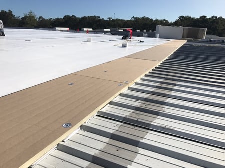 Insulation being installed on a flat metal roof i