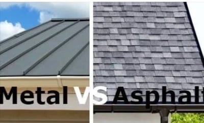 metal roofing vs asphalt shingle text over side by side metal and shingle