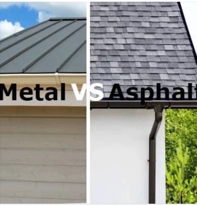 metal vs asphalt text over a metal roof and shingle roof side by side