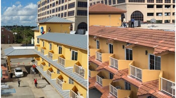 before and after pictures of a hotel with old Spanish tile and new aluminum standing seam metal