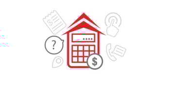 RoofCrafters logo on a calculator with icons of money, location, and estimates around the calculator