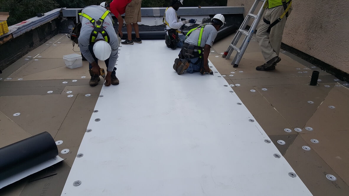 roofing crew installing TPO on a commercial building