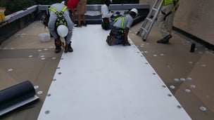 roofing crew installing TPO on a commercial building