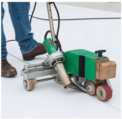 roofer running a TPO roof robot along a seam