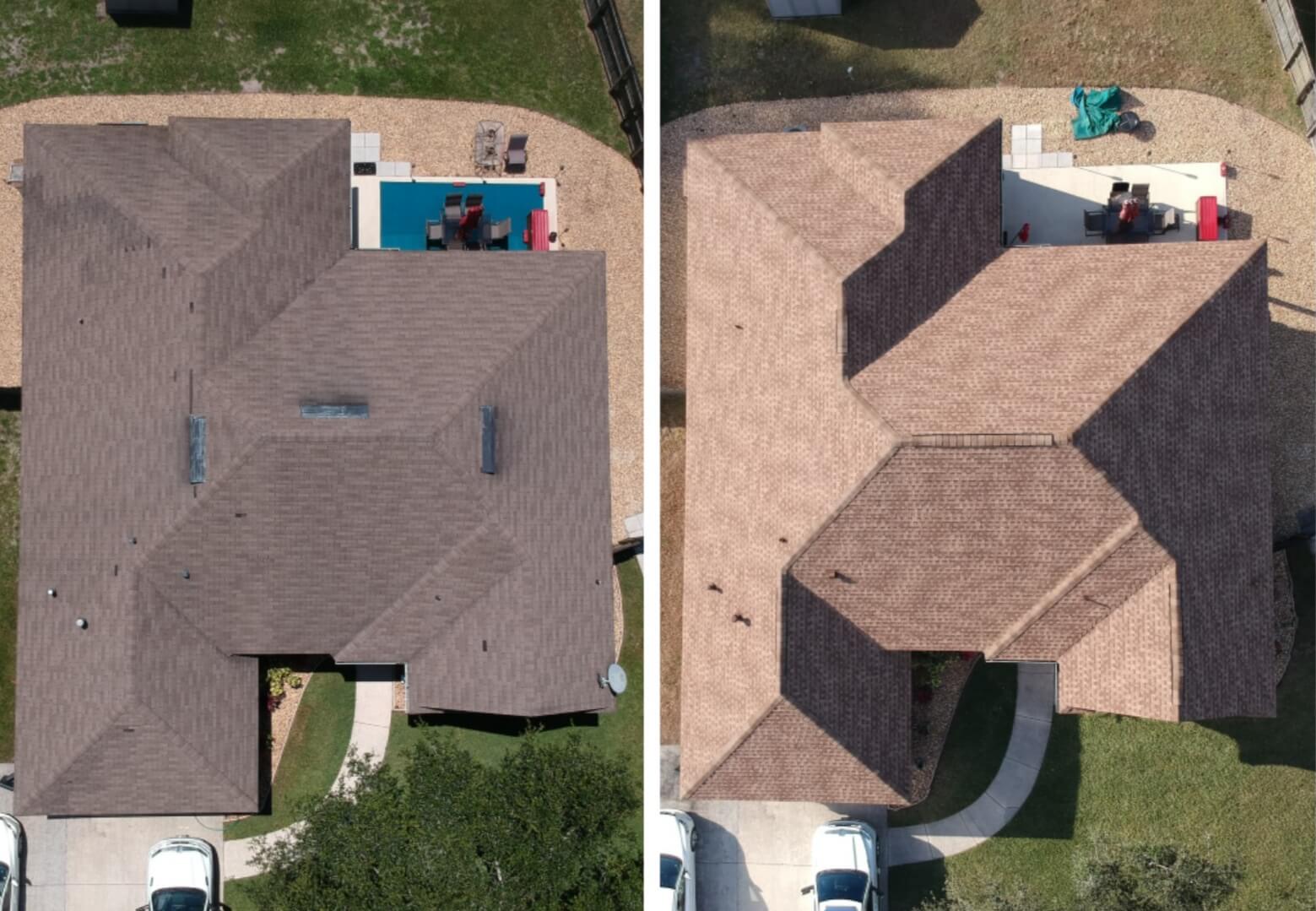 before and after a new asphalt shingle roof replacement in Lutz