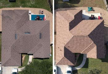 Drone picture of before and after a new asphalt shingle roof replacement