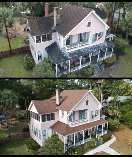 Before and after pictures of a roof replacement on a beautiful two-story home.