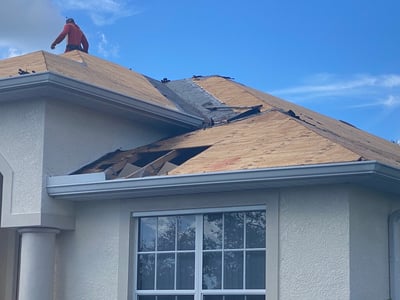 roof being torn off and one piece of plywood being replaced