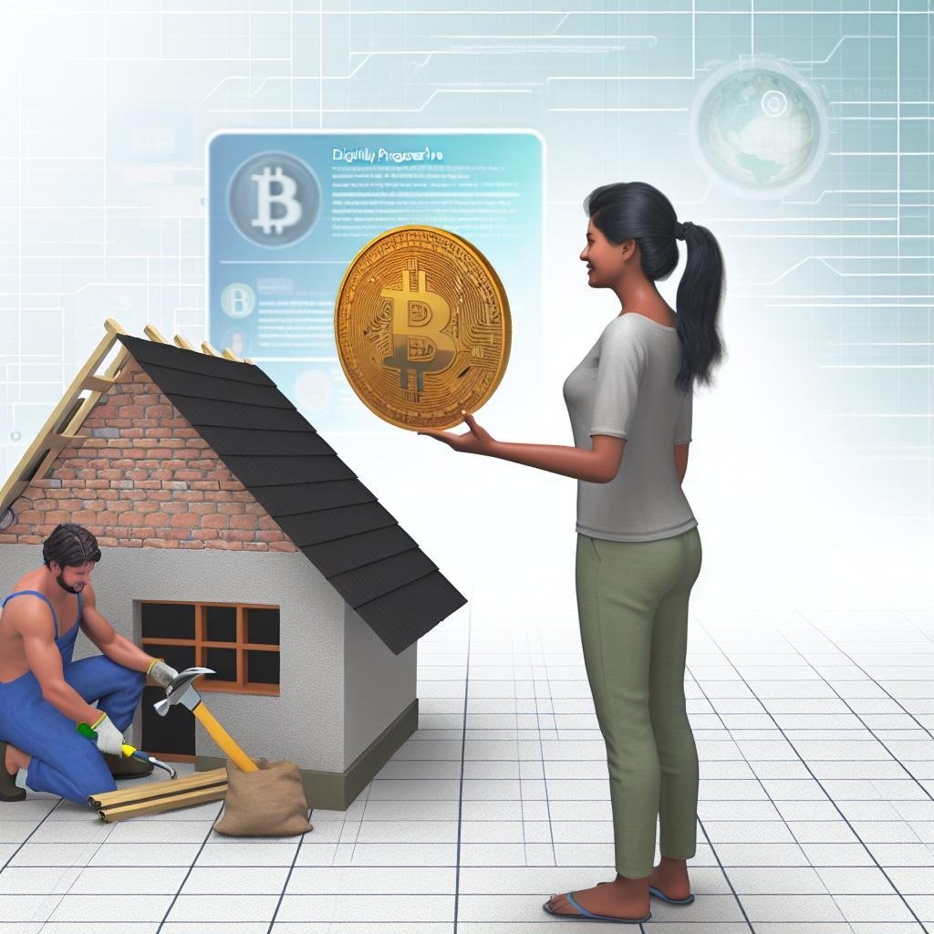 homeowner holding up a bitcoin to pay a contractor who is working on a small project