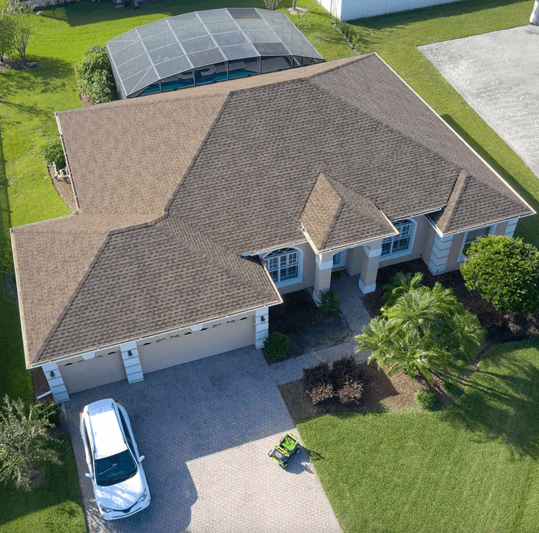 Drone shot of a home in St Augustine with a GAF HDZ Shingle roof