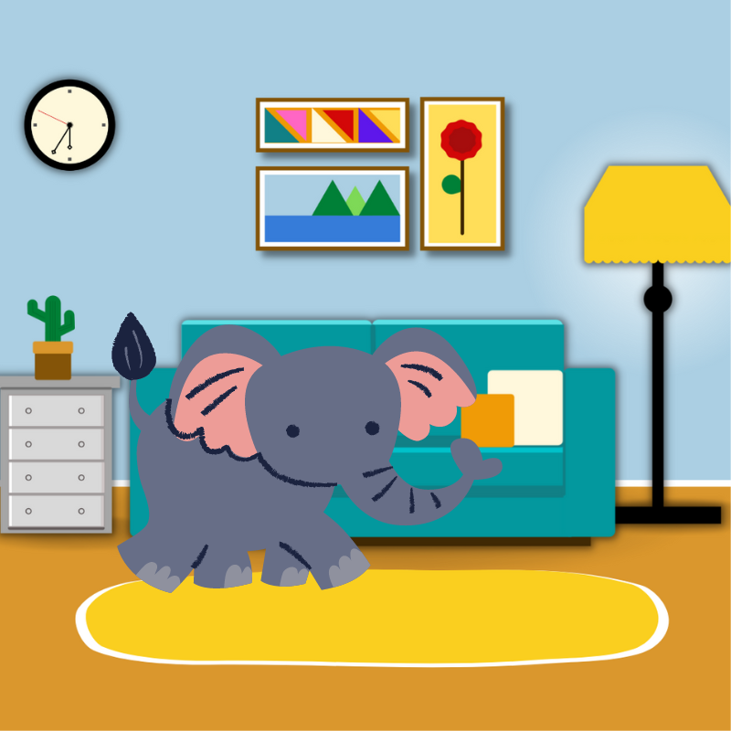 Cartoon elephant in the living room