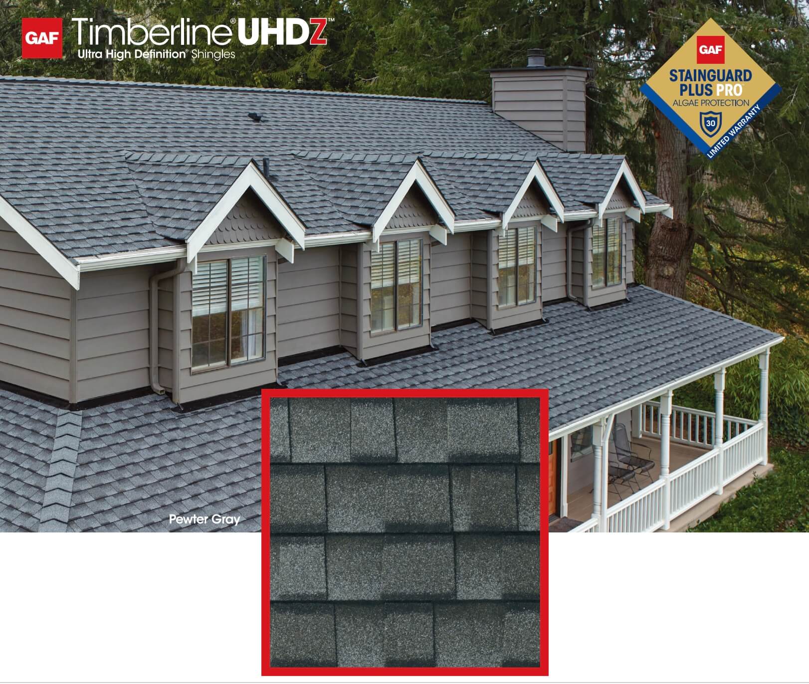 GAF Timberline UHDZ shingle close up with a home in the background
