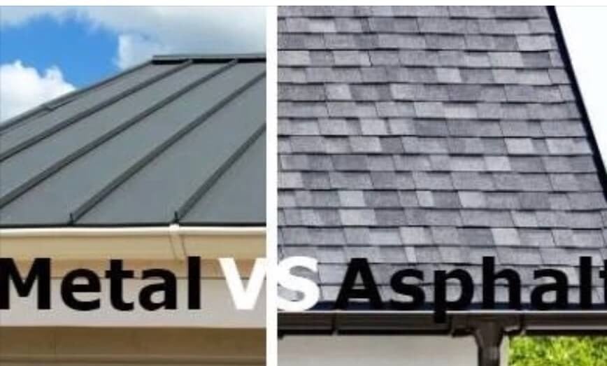 metal vs asphalt side by side on a roof