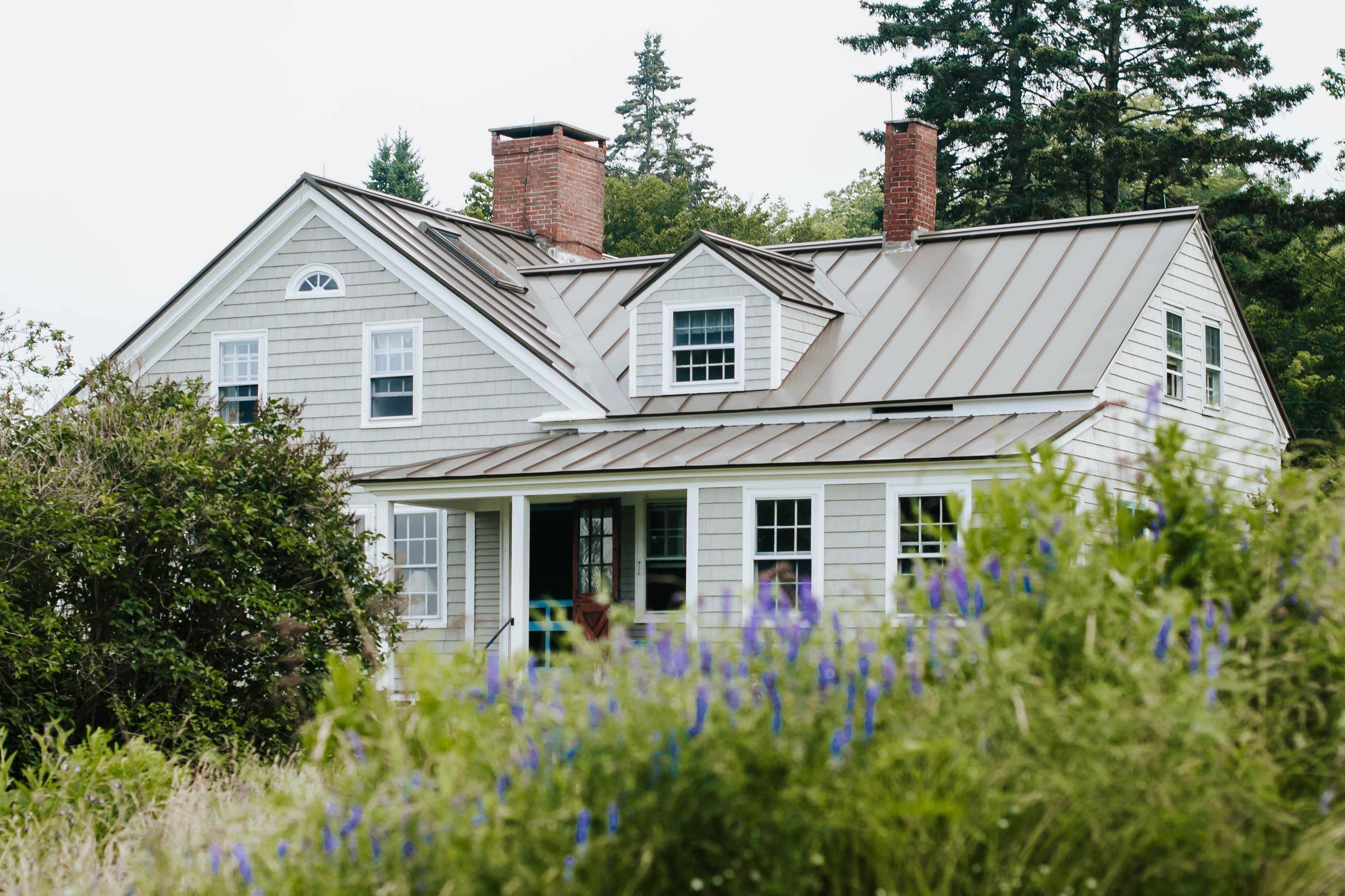 grey house in with purple wildflowers in the foreground