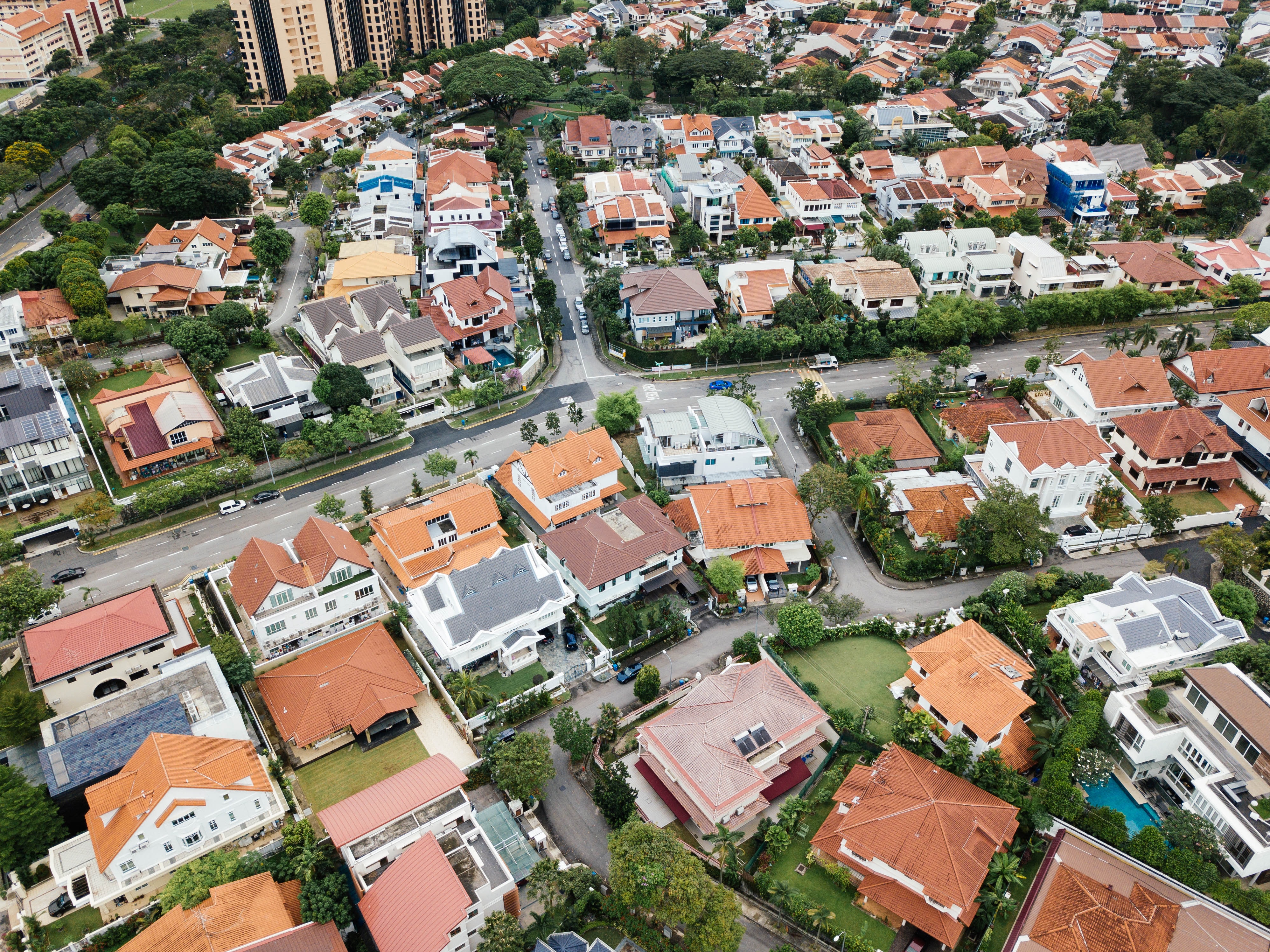 Birdseye view of rooftops, satellite image showing homes 