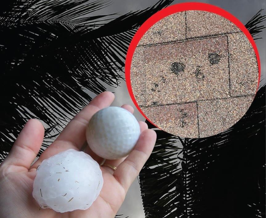 hand holding gold ball-size hail showing damage to shingles from a recent storm in Georgia