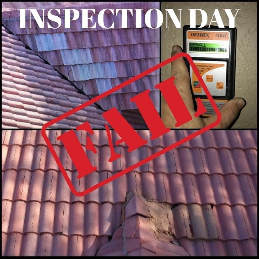 Inspection fail text over a tile roof