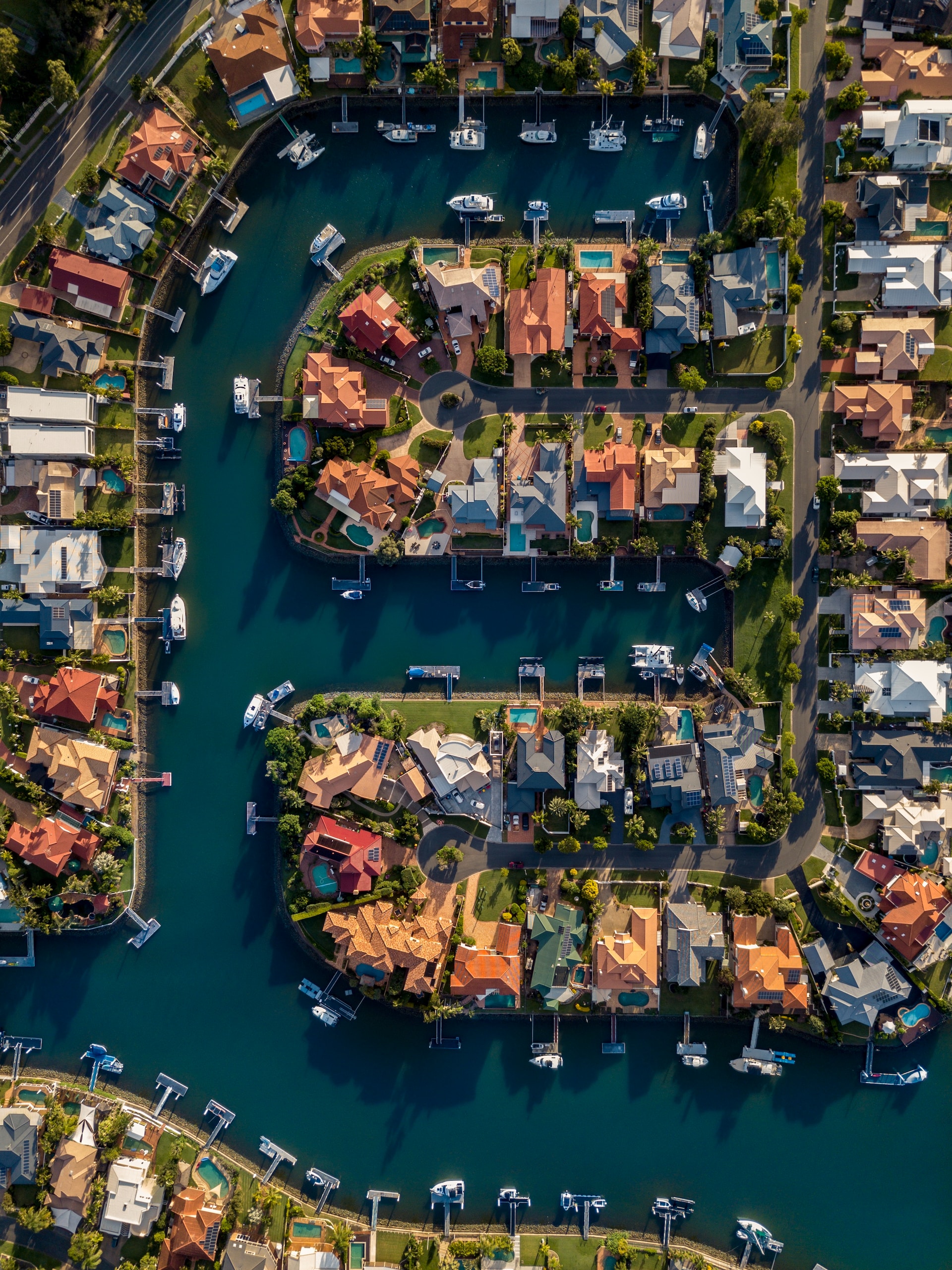 arial view of neighborhood on canal