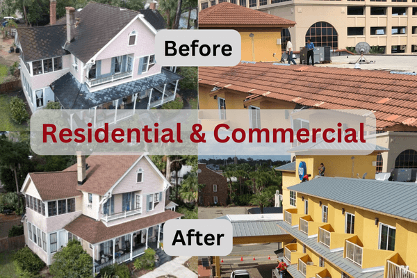 split image of before and after pics of a residential and commercial property