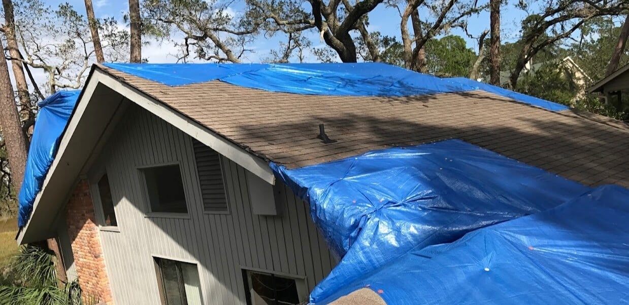 Tarped roof of a home in Augusta, Georgia